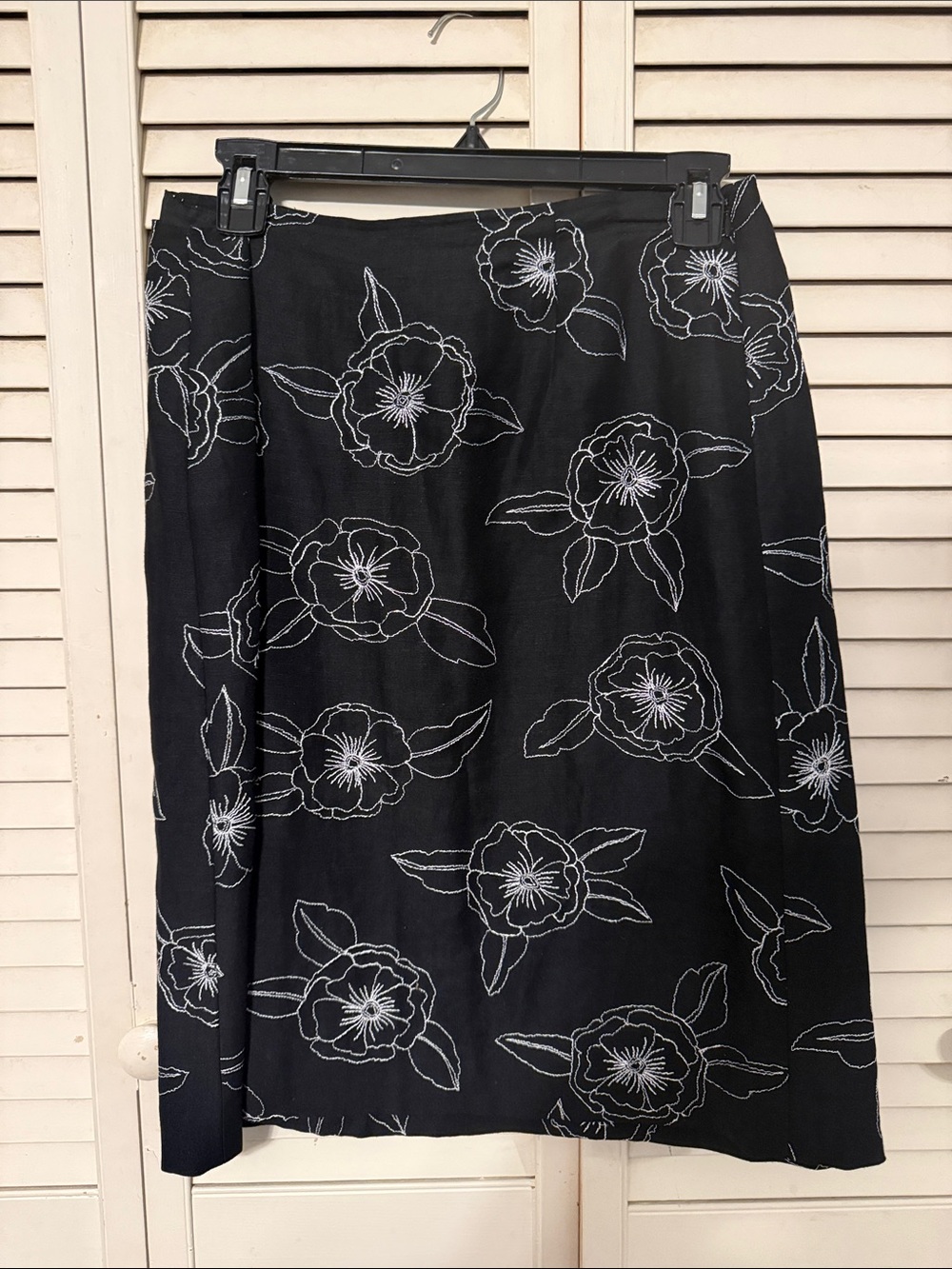 LOFT Black Midi Skirt with White Floral Outline